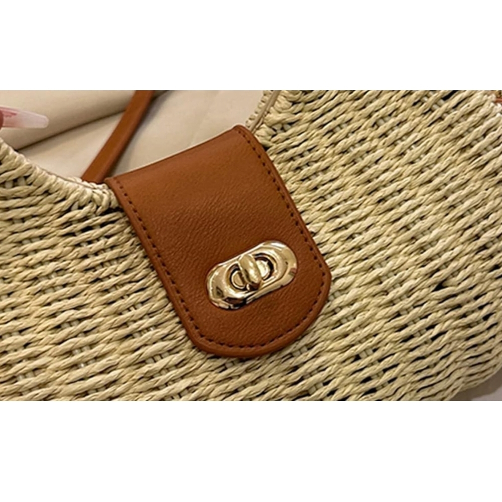 Straw Woven Handle Crossbody Bag with Tan Trim - Picture 5 of 7